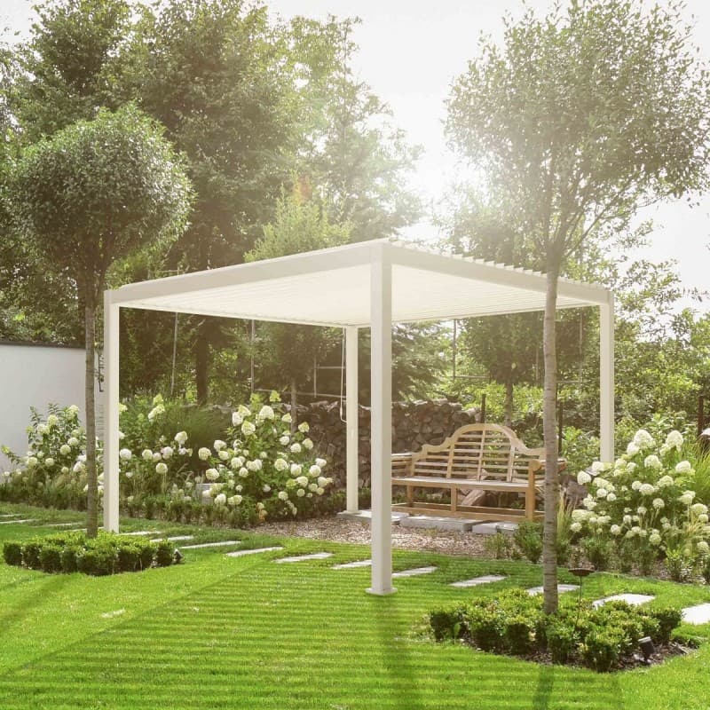 Pergola bioclimatique autoportante en alu blanc 3x3m Ombrea