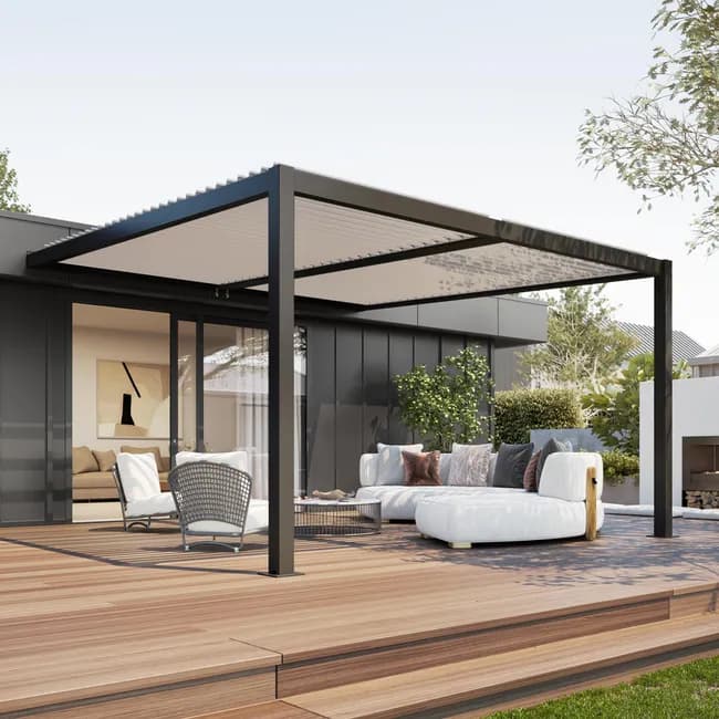 Pergola bioclimatique adossée 4×3 m en aluminium à lames orientables – Gris anthracite