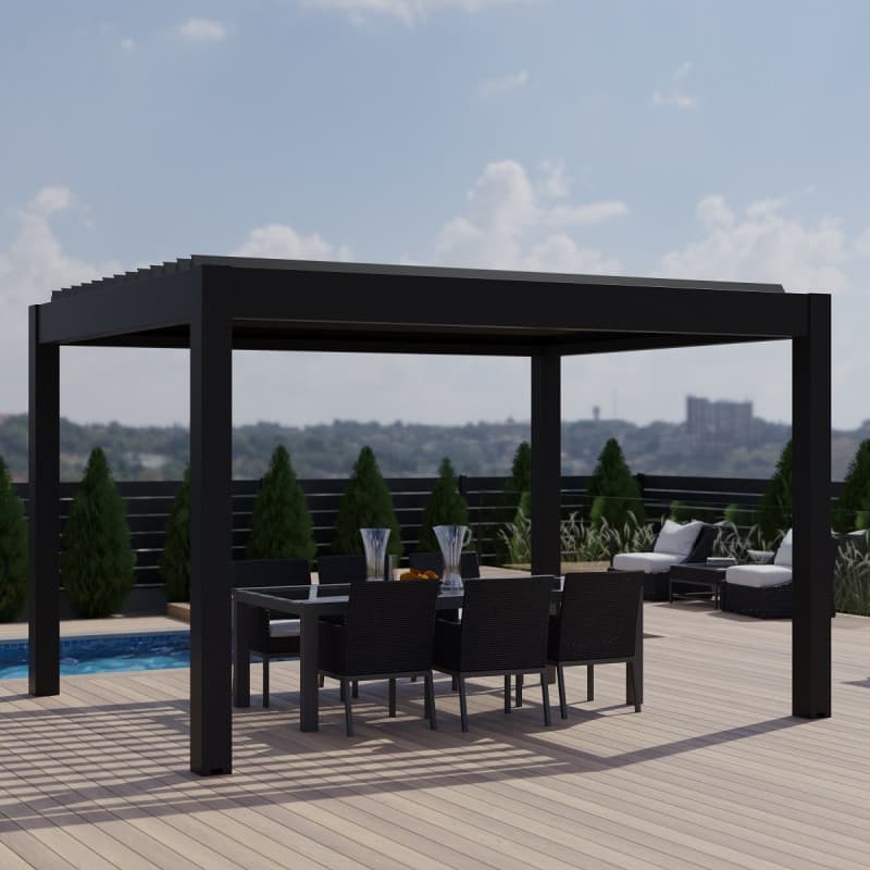 Pergola bioclimatique en aluminium gris anthracite 400x400cm avec lames grises SEYCHELLE – Essency