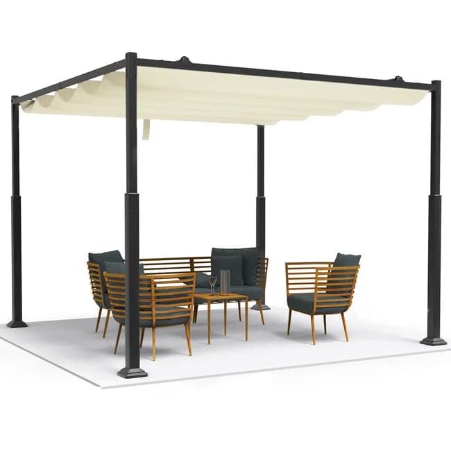Pergola rétractable 3x3m en métal avec toile polyester haute densité 180g/m² beige